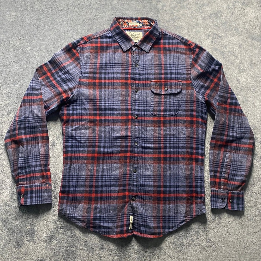 Original Penguin Flannel Shirt Mens Large Heritage Slim Blue Red Plaid OP3726